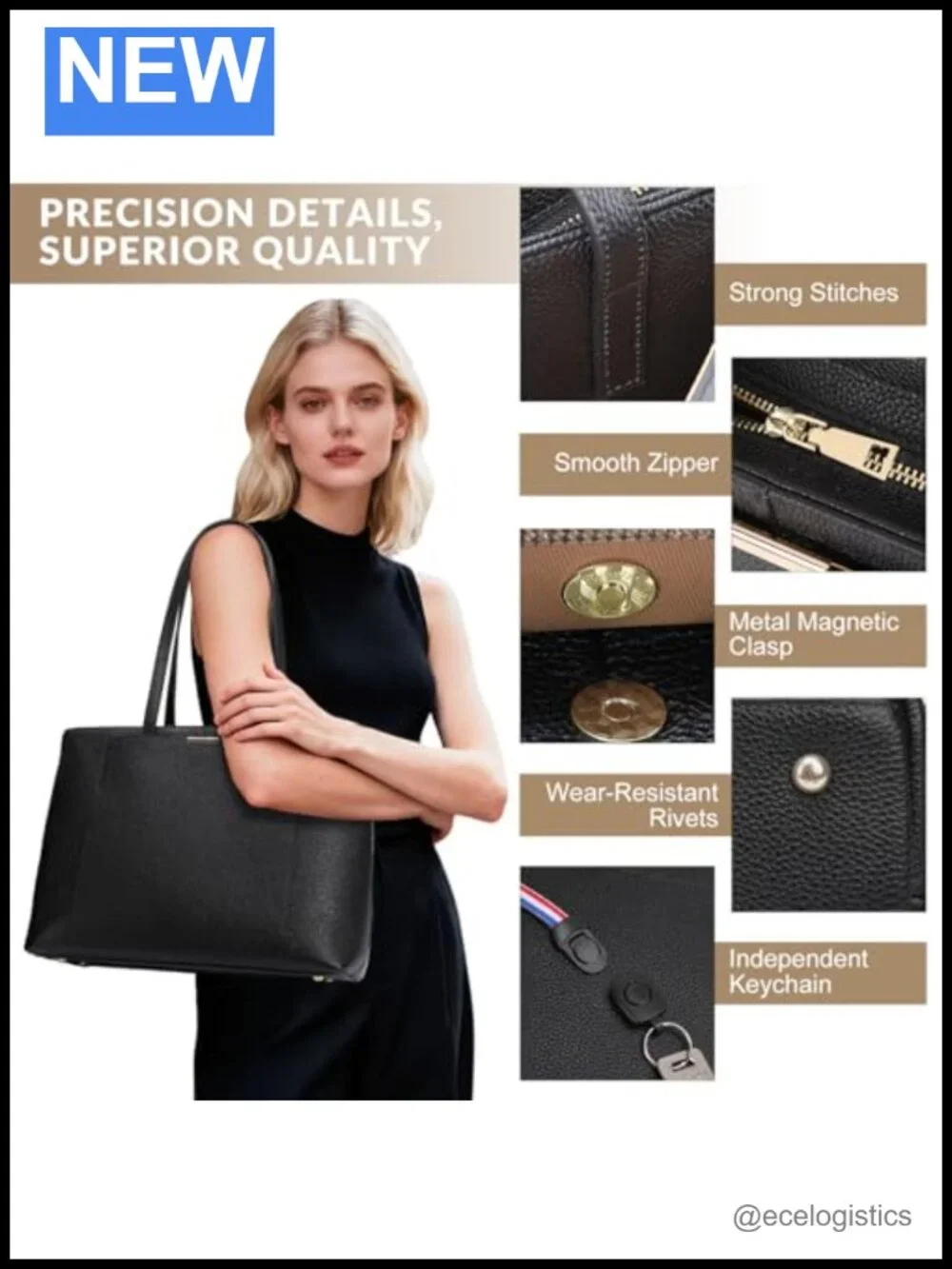 Leather Tote Bag Women Top-Zip Shoulder Handbag with 15